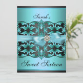 Blauw/Zwart Damask & Bow Sweet16 Verjaardag Uitnod Kaart (Staand voorkant)