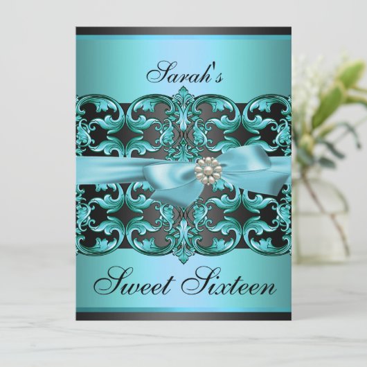 Blauw/Zwart Damask & Bow Sweet16 Verjaardag Uitnod Kaart (Staand voorkant)