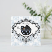 Blauw Zwart Damast Baby Jongen Douche Uitnodiginge Kaart (Staand voorkant)