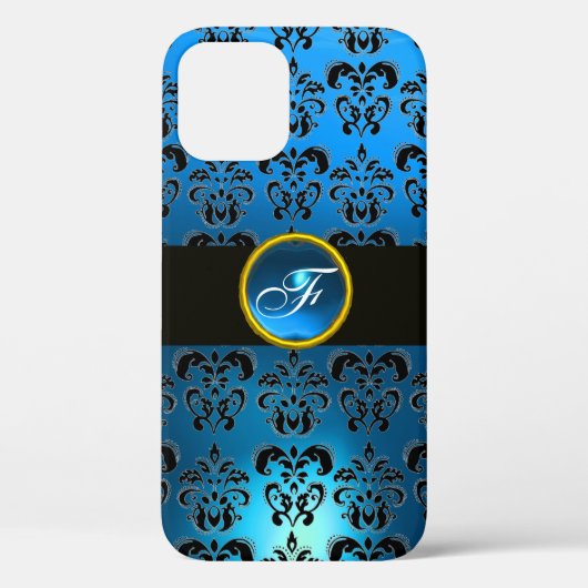 BLAUW ZWART DAMAST EDELSTEEN MONOGRAM Case-Mate iPhone CASE (Achterkant)