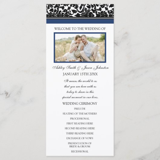Blauw Zwart Damast Foto Trouwprogramma Programma (Voorkant)