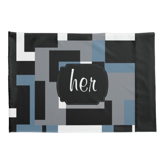 Blauw, Zwart en Wit Abstract Patroon Kussensloop (Achterkant-Rechts)