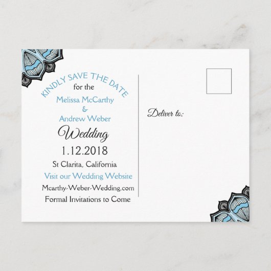 Blauw, zwart en wit huwelijk sparen de Datum Aankondigingskaart (Achterkant)