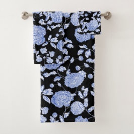 Blauw zwart Floral Toile Black Bad Handdoek