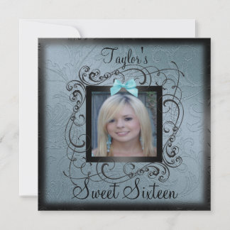 Blauw & zwart Foto Lijst Sweet16 Birthday Invite Kaart