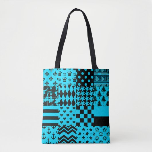 Blauw Zwart Gemengde Patchwork Patchwork Ontwerp Draagtas (Voorkant)