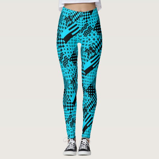 Blauw Zwart Gemengde Patchwork Patchwork Ontwerp Leggings (Voorkant)