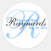 Blauw Zwart Monogram Bruiloft Ronde Sticker (Voorkant)
