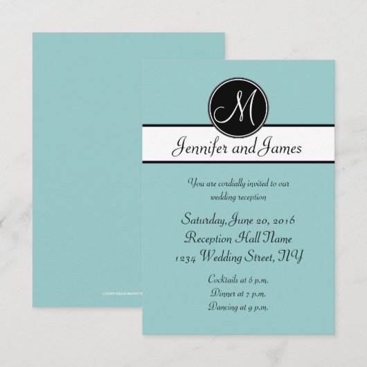 Blauw Zwart Monogram Eenvoudige Trouwreceptiekaart Kaart (Voorkant / Achterkant)