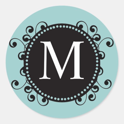 Blauw Zwart Monogram M Swirls Bruiloft Sticker (Voorkant)