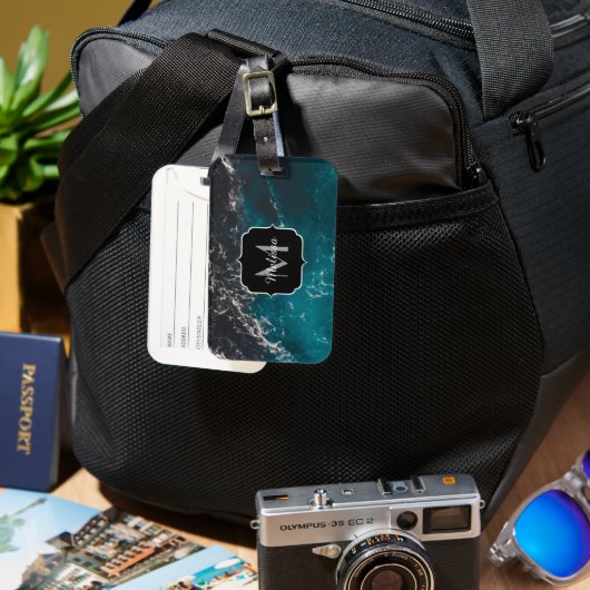 Blauw zwart ombre zee Monogram Bagagelabel (Voorkant & Achterkant)