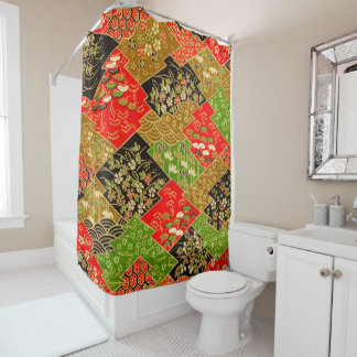 Blauw Zwart Rood Goud Japans Kimono Bloemen Douchegordijn