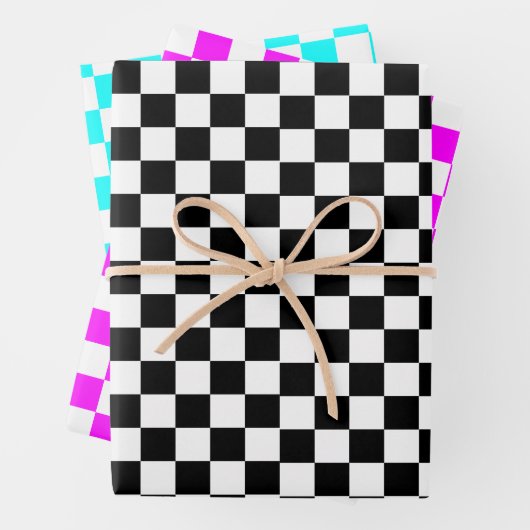 Blauw Zwart Roze Retro Chess Patroon Inpakpapier Vel (In situ)