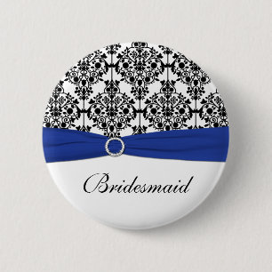 Blauw zwart wit Damask Bridesmaid Pin Ronde Button 5,7 Cm