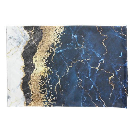 Blauw Zwart Wit Marmeren Glam Kussensloop (Voorkant)