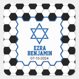 Blauw Zwart Wit Voetbal Bar Mitzvah Vierkante Sticker
