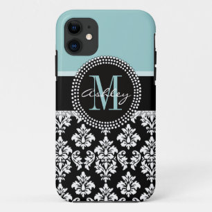 BLAUW, ZWARTE DAMASK, UW MONOGRAM, JOUW NAAM iPhone 11 HOESJE