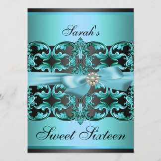 Blauw/Zwarte Damast & Strik Sweet16 Verjaardagsuit Kaart
