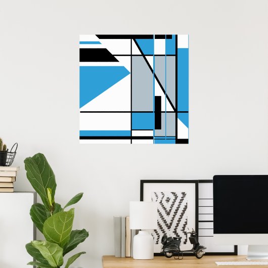 Blauw zwarte grijs op witte Abstracte mozaïekachti Poster (Thuiskantoor)