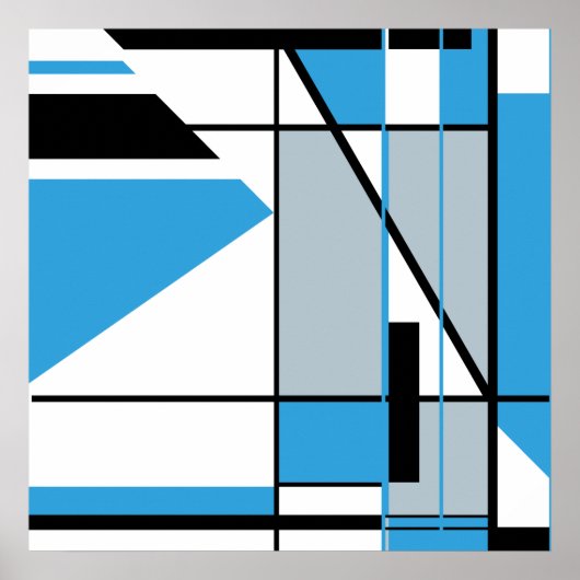 Blauw zwarte grijs op witte Abstracte mozaïekachti Poster (Voorkant)