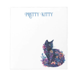 Blauw Zwarte Kat Bloemen Mooie Kitty Notitieblok