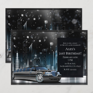 Blauw & Zwarte Limo Nacht in de Stad Verjaardagsfe Kaart