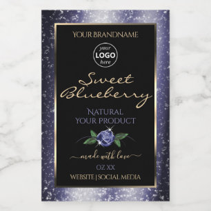 Blauw Zwarte Productlabels Glitterende Glanzende L Voedselcontainer Etiket