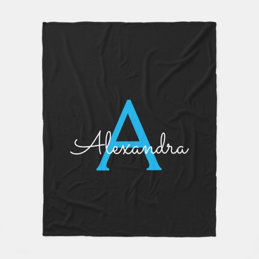 Blauw Zwarte Script Meisjesnaam Monogram Fleece Deken (Voorkant)