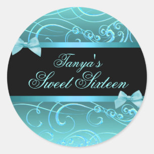 Blauw/Zwarte Strik & Draai Sweet 16 Envelopezegel Ronde Sticker