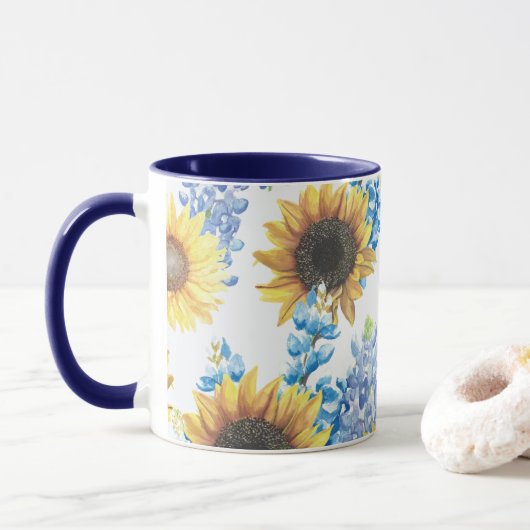 Blauwbijen en zonnebloemen Mok (Met donut)