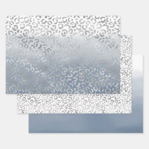 Blauwblauwe ombre Silver Glam Leopard Print Inpakpapier Vel