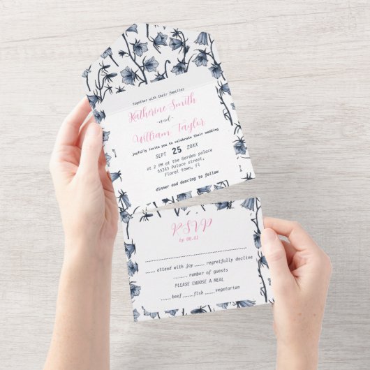 Blauwbloemen, haarklokken, bloemen all in one uitnodiging (Afscheurbaar)