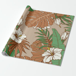 Blauwbont tropische bladeren hibiscus bloemen naad cadeaupapier
