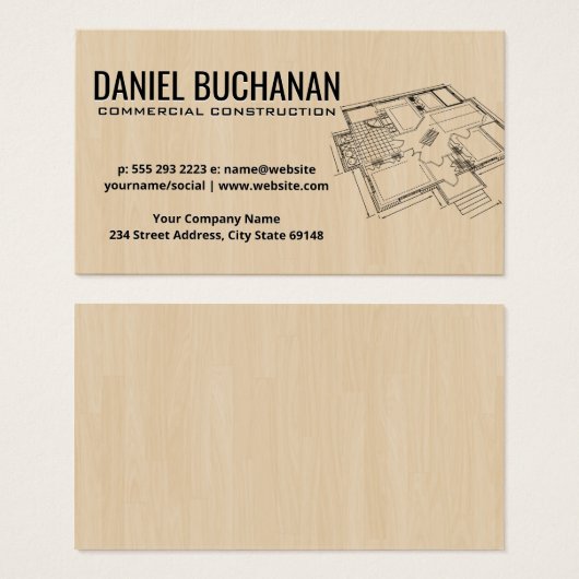 Blauwdruk bovenaan Uitzicht | Achtergrond hout Visitekaartje (Voorkant /achterkant)