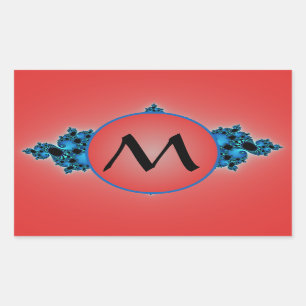 Blauwdruk, fractale arabeske met rood monogram rechthoekige sticker
