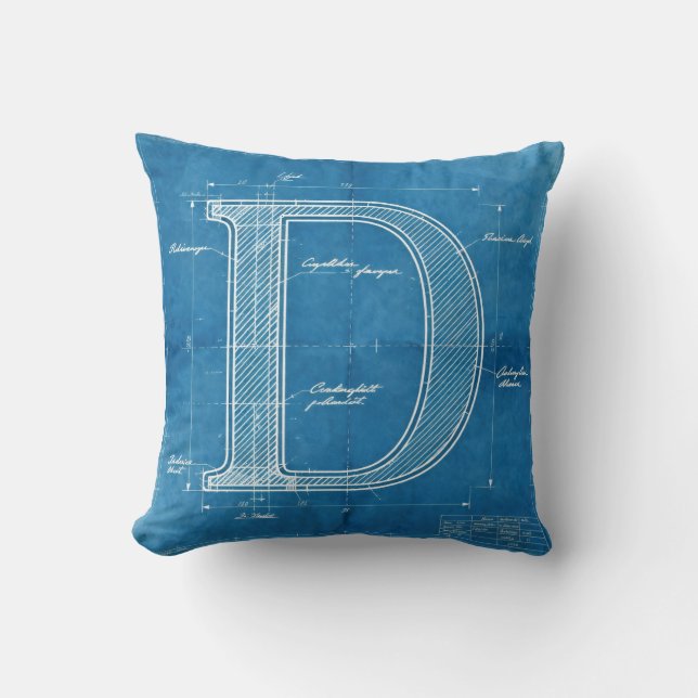 Blauwdruk Monogram Letter D Kussen (Voorkant)