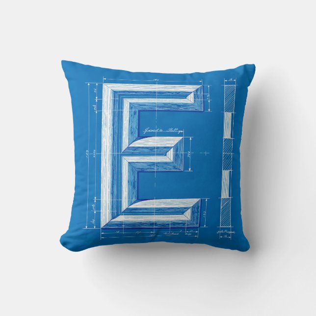 Blauwdruk Monogram Letter E Kussen (Voorkant)