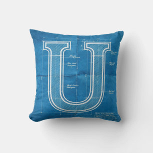 Blauwdruk Monogram Letter U Kussen