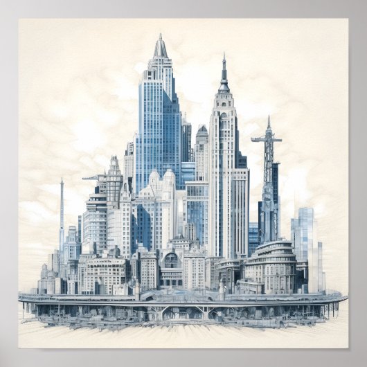 Blauwdruk Stijl Ontwerp van een Stad Poster (Voorkant)