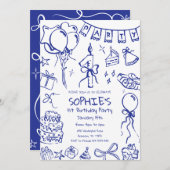 Blauwe 1e verjaardag uitnodiging, Hand getrokken v Kaart (Voorkant / Achterkant)