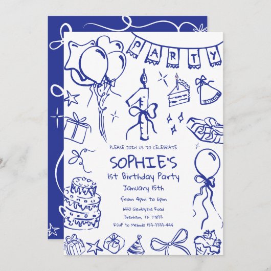 Blauwe 1e verjaardag uitnodiging, Hand getrokken v Kaart (Voorkant / Achterkant)