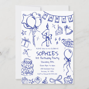 Blauwe 1e verjaardag uitnodiging, Hand getrokken v Kaart