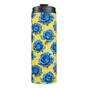 Blauwe 3d rozen thermosbeker