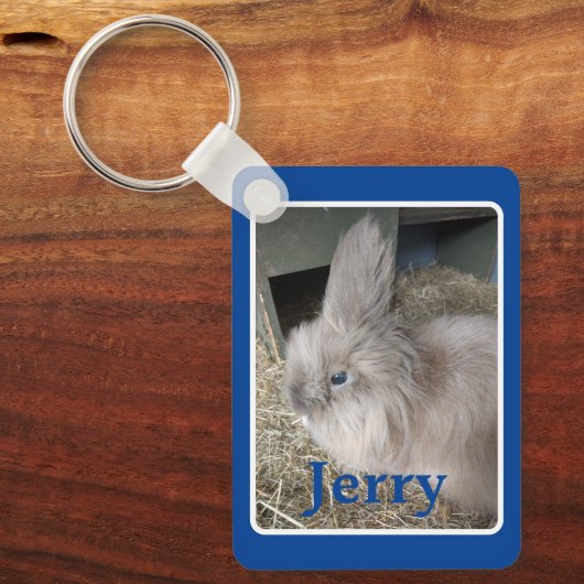 Blauwe aangepaste bundelfoto en naam keepomwille sleutelhanger (Voorkant)