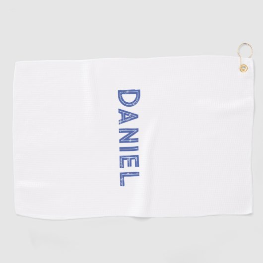 Blauwe aangepaste naam op wit golfhanddoek (Horizontaal)