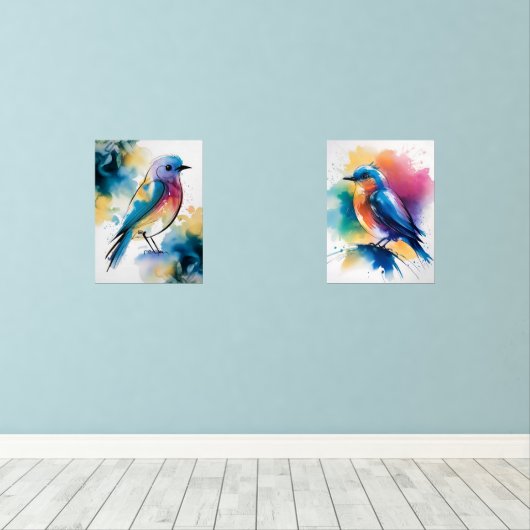 Blauwe Abstracte muurkunst, set van 2 Bluebirds (Houten vloer)