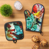 Blauwe abstracte pannenhouder en ovenhandschoen, H Ovenwant & Pannenlap Set (Top down)