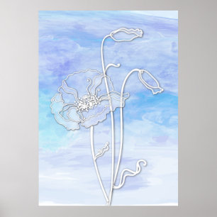 Blauwe Abstracte Waterverf en papavers Poster