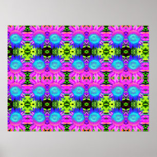 Blauwe abstracte zonnebloemen, mandala bloemen poster