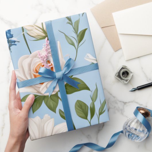 Blauwe achtergrond bloem cadeaupapier (Geschenken)